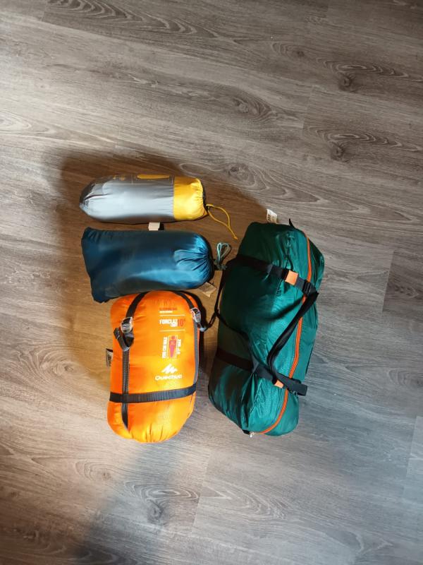 Sleeping mat, pillow, sleeping bag, tent.